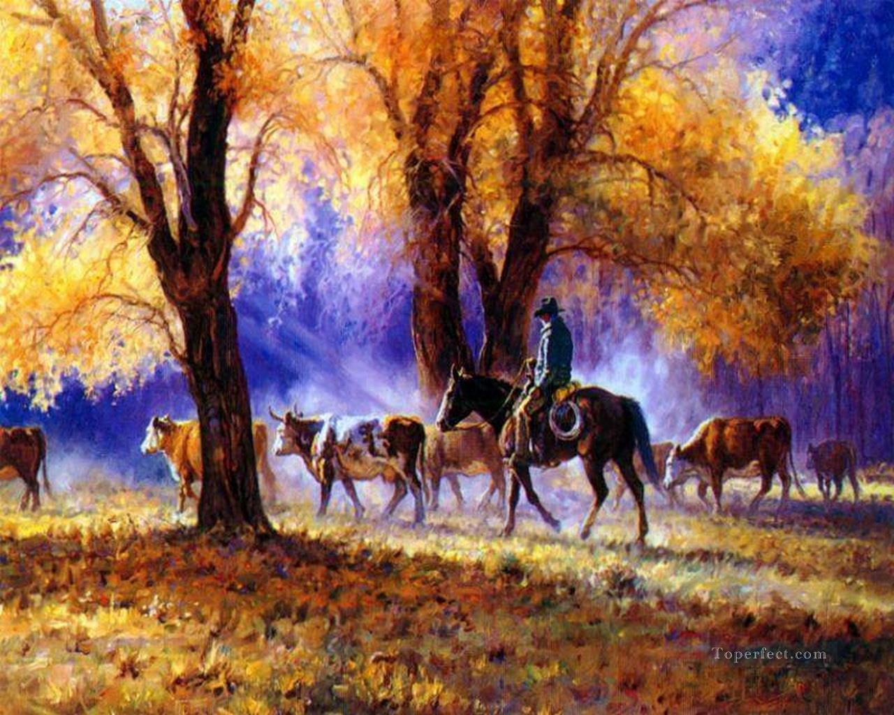 cowboy walking in autumn woods Oil Paintings
